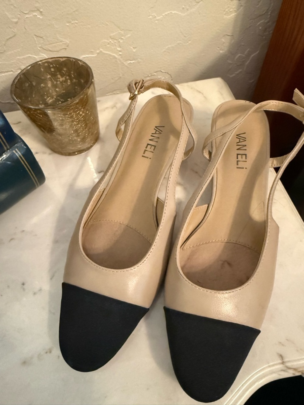 Vaneli Beige Slingback Pumps with Black Cap Toe